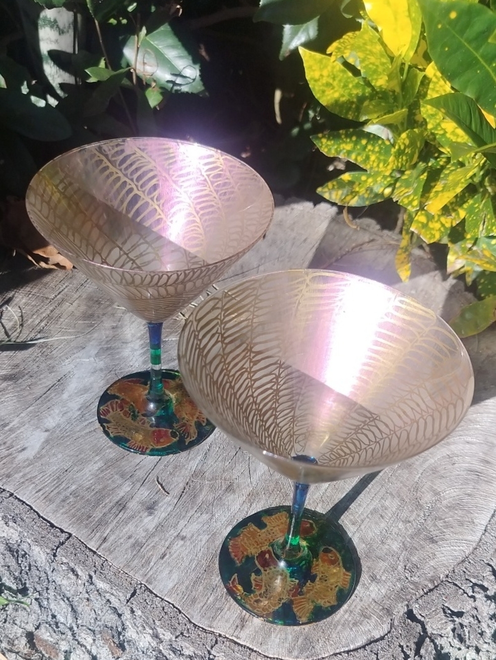 Ruth Gordon Hand-Blown Iridescent Gold-Trim Martini Glasses